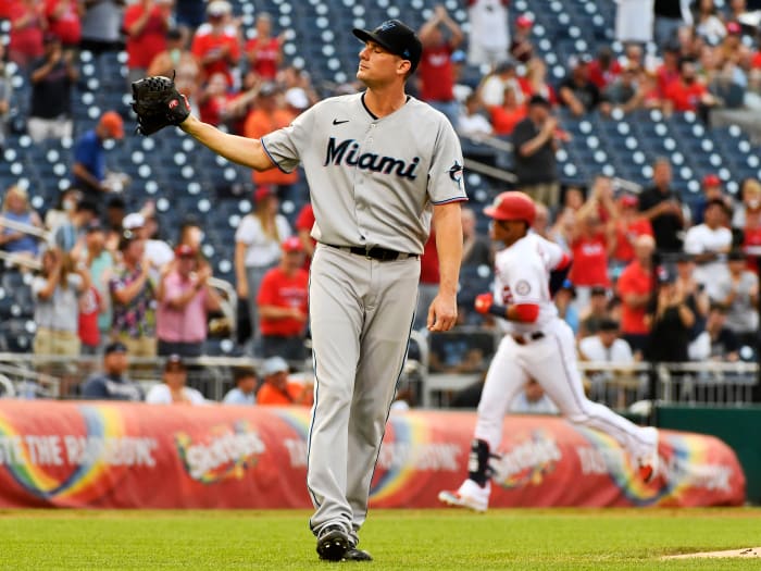 Jul 19, 2021; Washington, District of Columbia, USA; Miami Marlins relief pitcher Ross Detwiler (54) reacts after giving up a two run home run to Washington Nationals left fielder Juan Soto (22) at Nationals Park.
